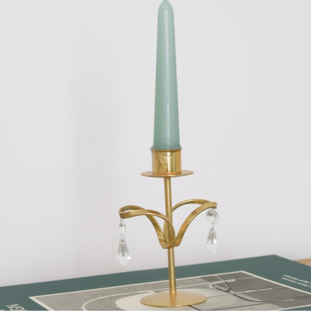 Vintage Sweden Made Elegant Gold Plated Metal Crystal Candle Holder